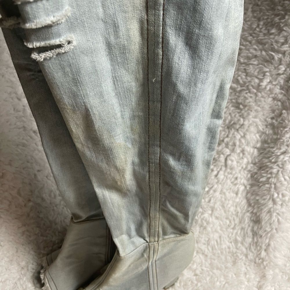 Hot tomato faded blue Denim over the knee heels boots peep toe block heels SZ9M